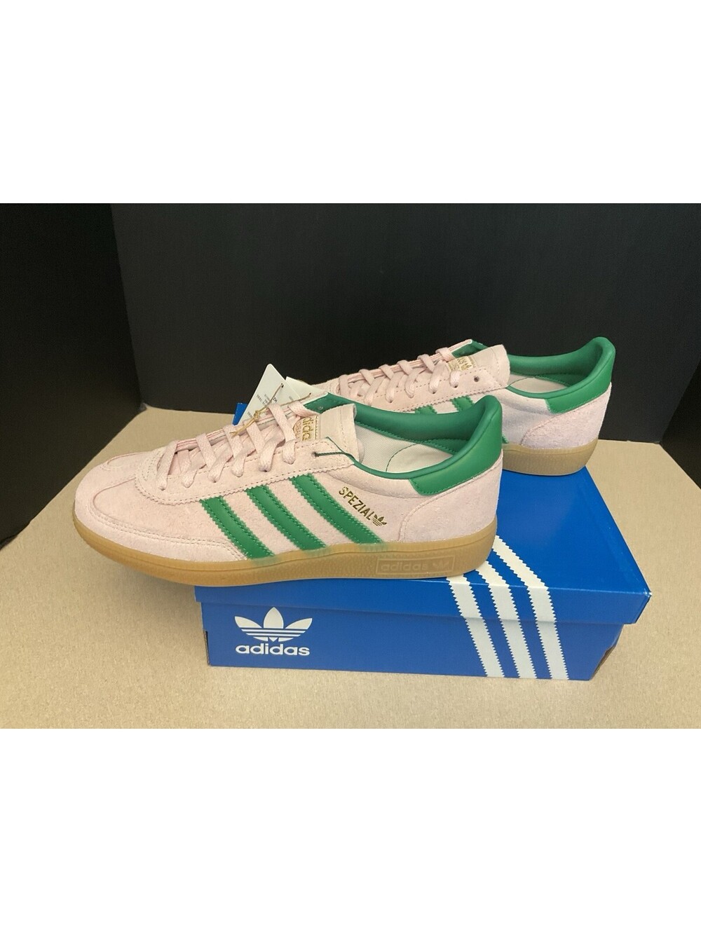 New! Womens Adidas Handball Spezial Clear Pink/Green Athletic Shoes. Size 7.
